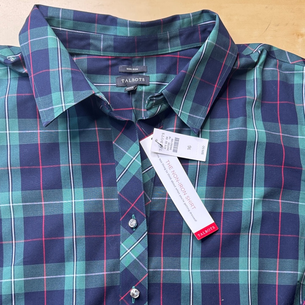 Talbots Women’s Green and Blue Plaid Button Down Holiday Tunic Shirt